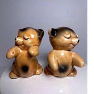 Van Tellingen Hugging Bears Salt Pepper Shakers Tan Good Vintage Ceramic MCM